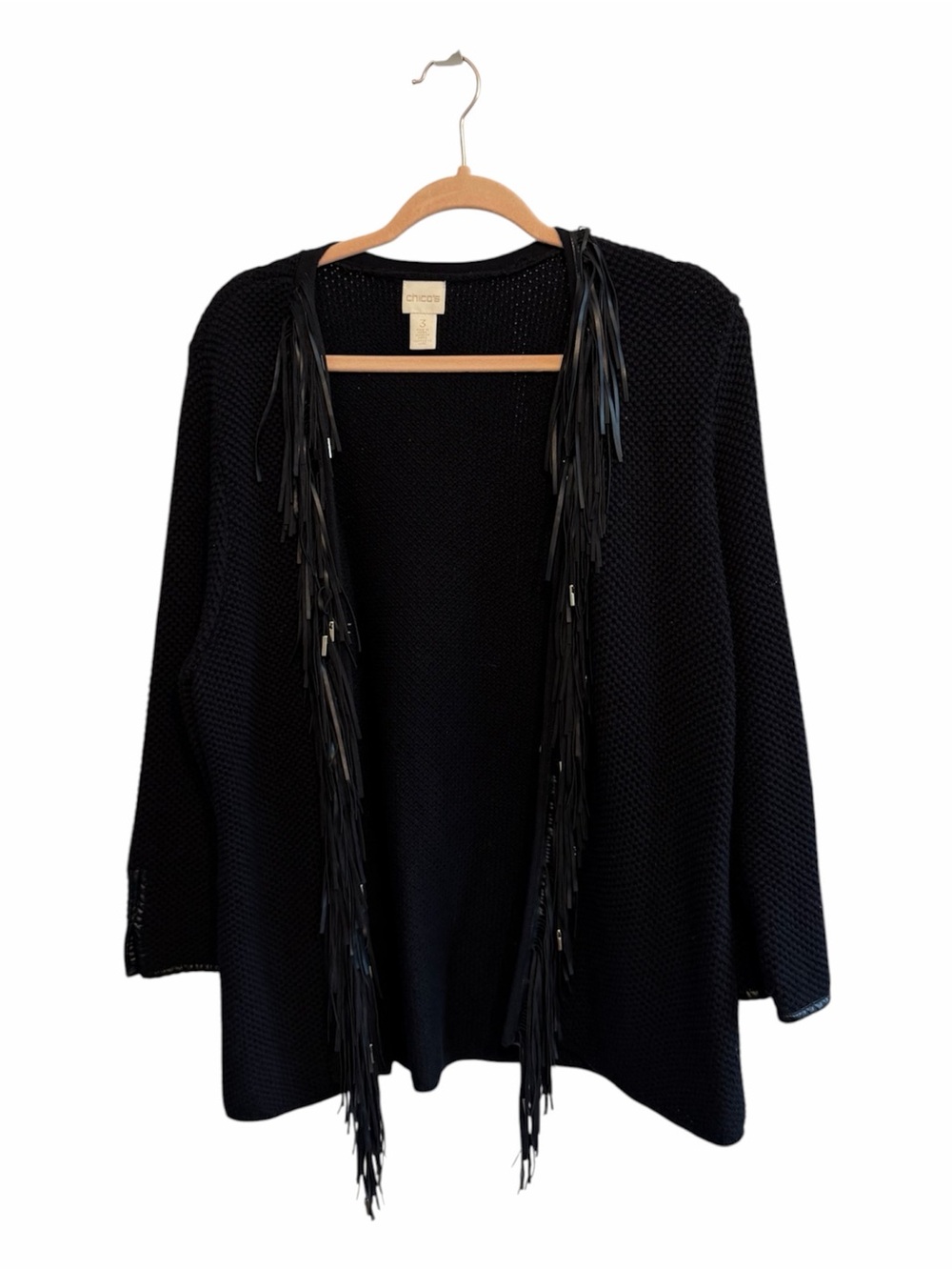 Chico's Black Fringe Open-Front Knit Cardigan